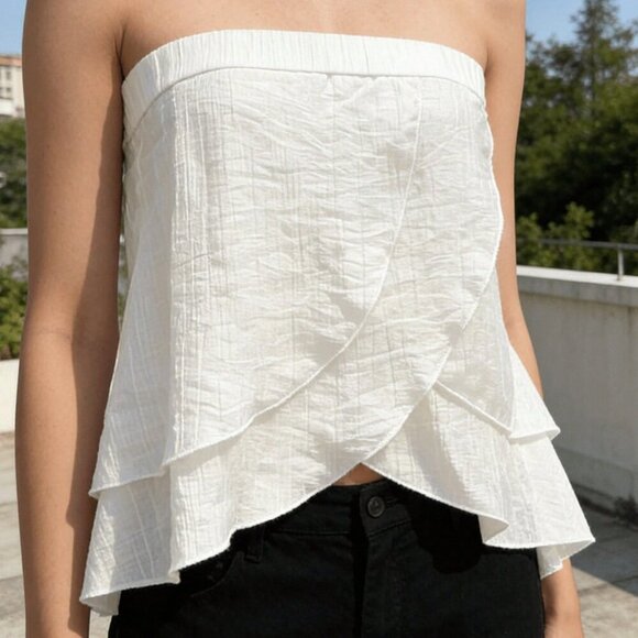 Tops - White Casual Women's Chiffon Sheer Tube Tops Petal Hem Bandeau Cropped Tanks